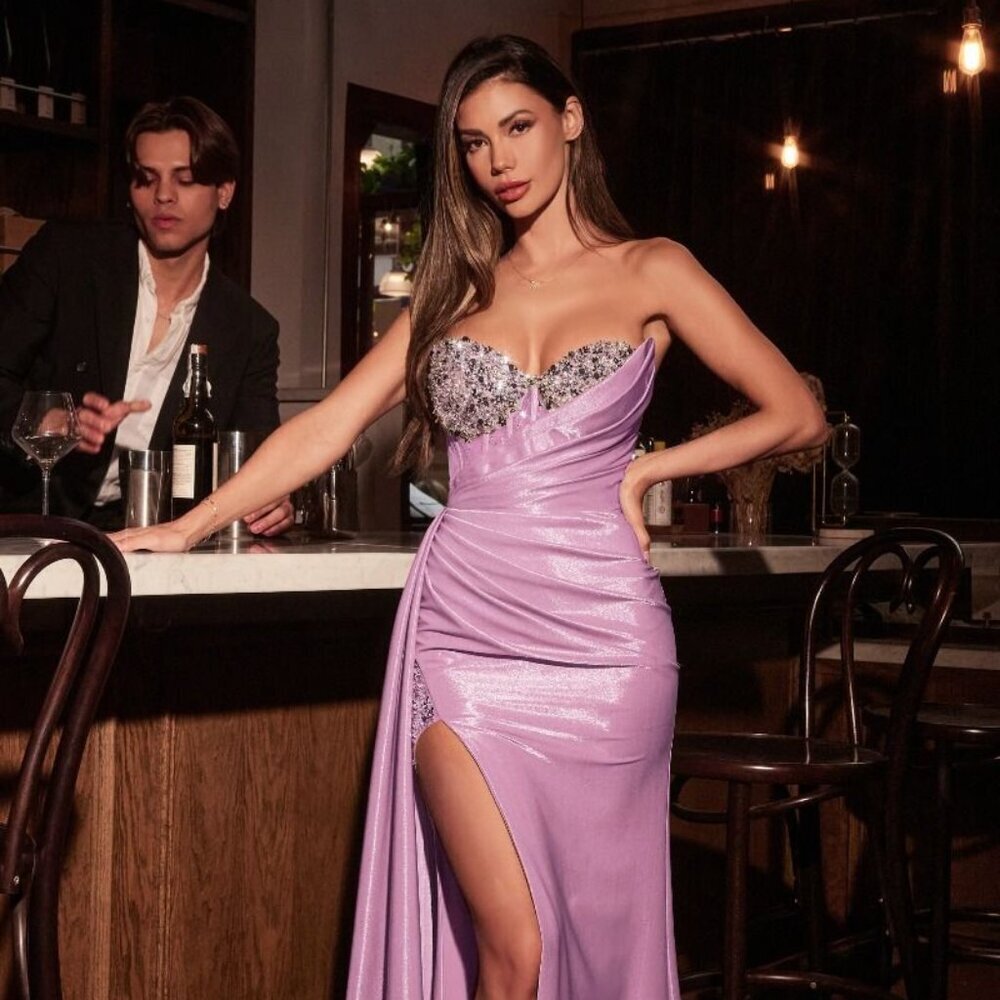 NEW FORMAL RHINESTONES EMBELLISHED PROM LONG SEMI STRETCH TAFFETA DRESS CD382